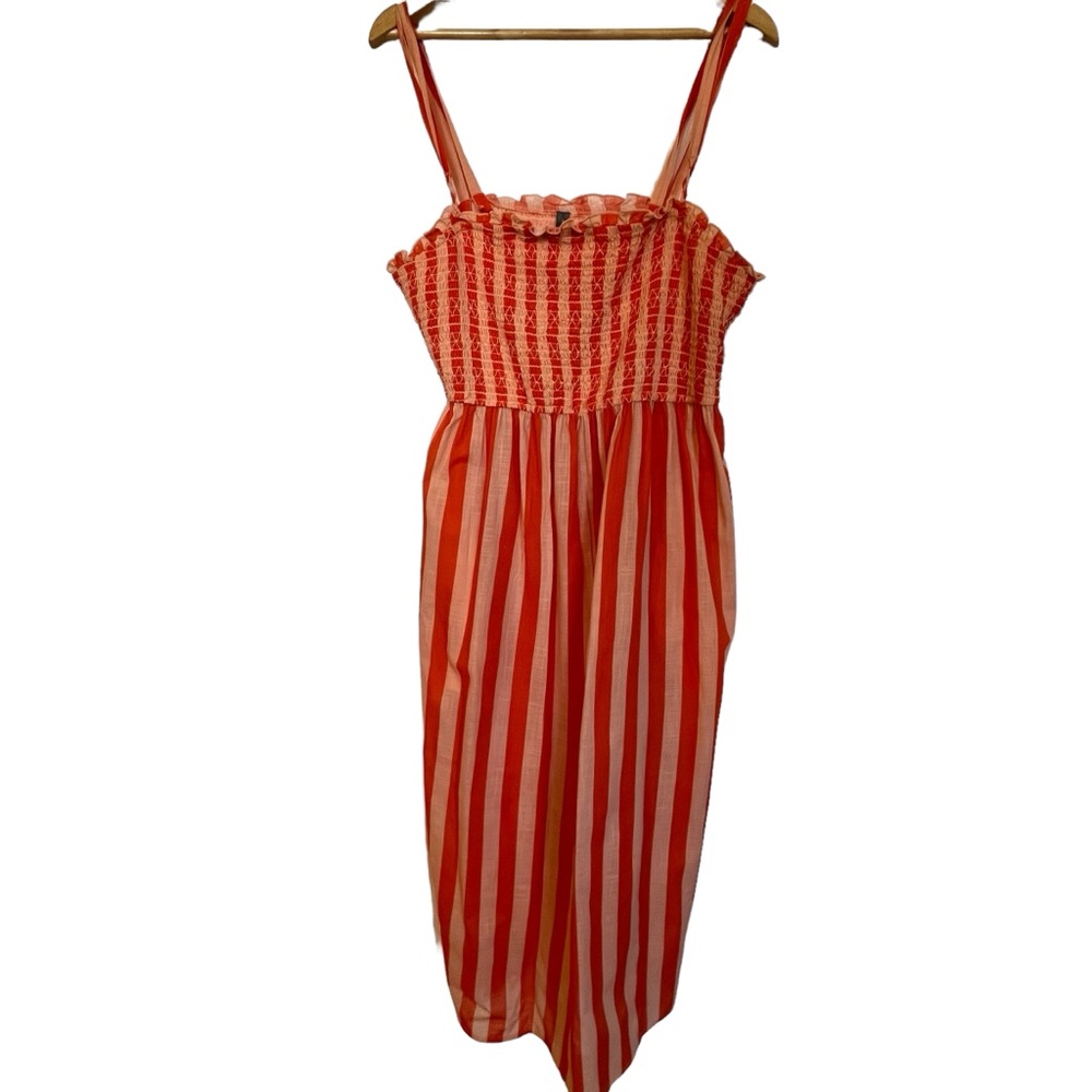 Anthropologie Midi Dress Size XL Smocked Blush Orange Stripe Spaghetti Strap - Picture 5 of 15